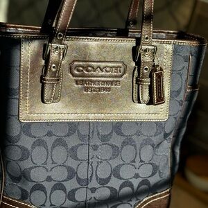 Coach Chocolate leather tote with insignia canvas and silver hardware